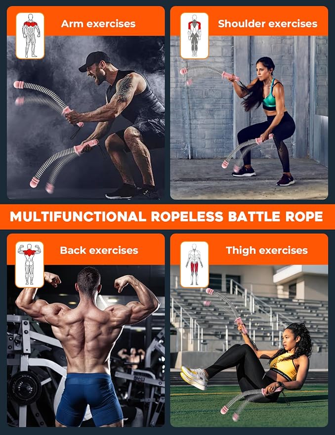 Cordless Battle Ropes 2 Pack Adjustable Weight Portable Ropeless Battle Ropes for Home Gym Full Body Workout with Non Slip Handle and Training Poster for HIIT Cardio Strength Training Men Women,Pink