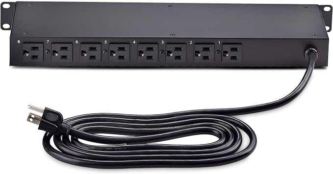 StarTech 8-Outlet 1U Switched PDU, 15A, TAA, 125V (8NS8-RACK-MOUNT-PDU) | Horizontal rack mount power strip, Outlet on/off switches, 15A breaker, 8ft/2.4m cord, NEMA 5-15, Illuminated rockers