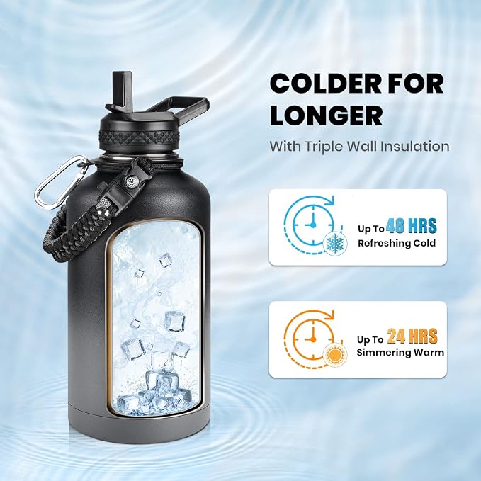 RAYMYLO Insulated Water Bottle 64 oz, Triple Wall Vacuum Stainless Steel | (Cold for 48 Hrs), Leak Proof & Non-BPA, Half Gallon Water Flask Jug with Paracord Handle & Straw Spout Lids, Dark Gray