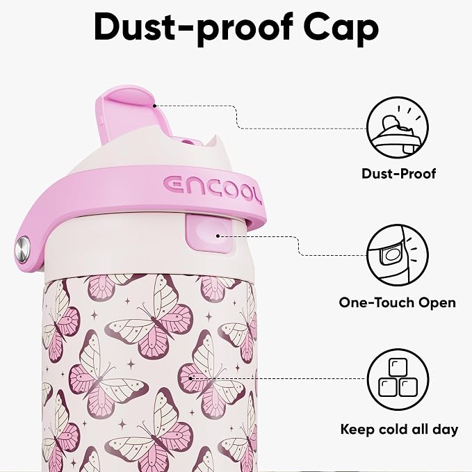 ENCOOL Leakproof Insulated Water Bottle with Straw Dual-Sip Water Bottle Bag-Safe Design for Work, Commute & Gym – Keeps Drinks Cold All Day, 32 oz, Blush Butterfly