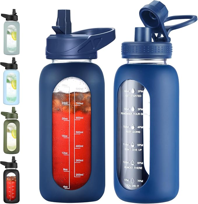 EALGRO 32 oz Glass Water Bottle with Straw, Large Sports Water Jug | Motivational Water Bottle with Time Marker and Silicone Sleeve, Flask Cup with Handle for Travel, Gym, Hiking, School, Navy