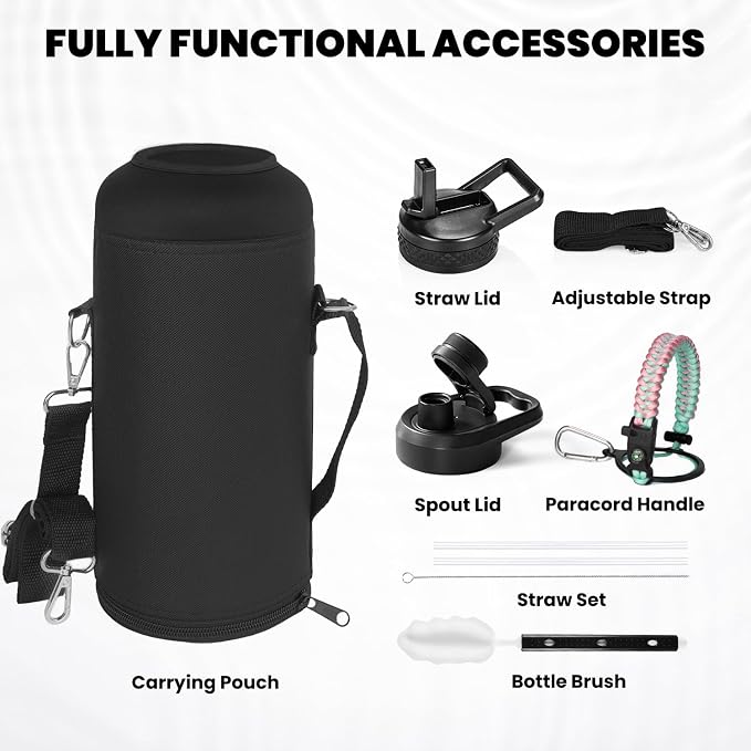RAYMYLO Insulated Water Bottle 87 oz, Triple Wall Vacuum Stainless Steel | Cold for 48 Hrs), Leak Proof & Non-BPA, Modern Water Flask Jug with Paracord Handle & Straw Spout Lids, Hydrangea