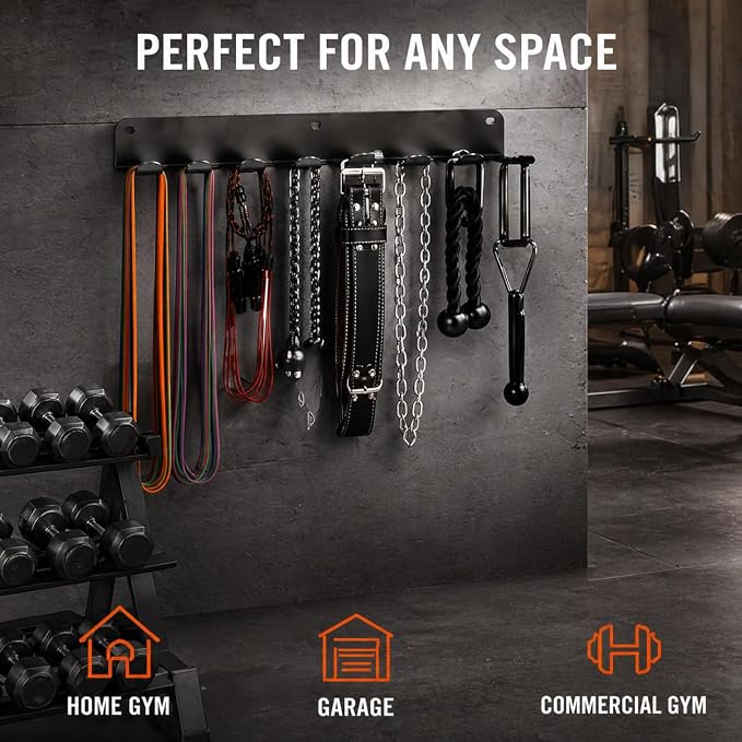 Gym Equipment Storage Rack - Multi-Purpose Home Gym Organization Storage Wall Mount for Resistance Bands, Jump Ropes, Lifting Belt, Chains, Barbells (16" / 8 Prongs)