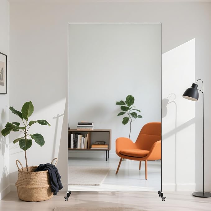 Home Gym Rolling Mirror 72"x40" – Extra Large Full Length Mirror with Wheels, Mobile Tempered Glass Floor Mirror, 360° Swivel, for Workout, Garage, Dance Studio, Yoga, Bedroom, Black