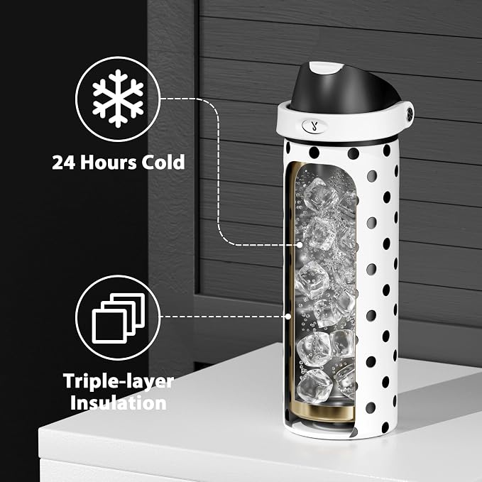 24 oz Insulated Water Bottle with Straw: Meoky Stainless Steel Metal Water Bottle with 2-in-1 Lid - Leak Proof, Cold for 24 Hours, Fits in Car Cup Holder, BPA-Free for Sports Travel Car, Polka Dot