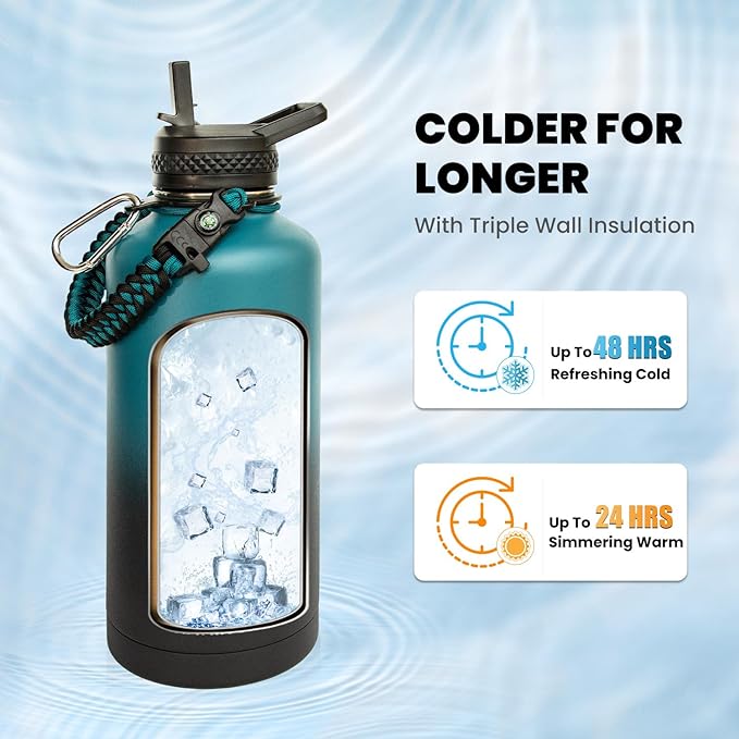 RAYMYLO Insulated Water Bottle 87 oz, Triple Wall Vacuum Stainless Steel (Cold for 48 Hrs), Leak Proof & Non-BPA, Modern Water Flask Jug with Paracord Handle & Straw Spout Lids, Indigo/Black | Cold for 48 Hrs), Leak Proof & Non-BPA, Modern Water Flask ...