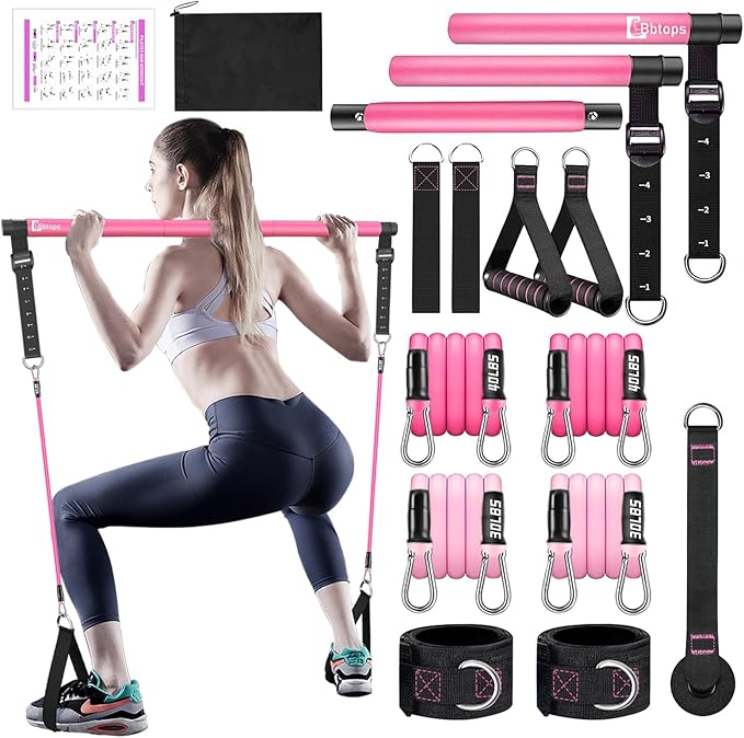 Bbtops Pilates Bar Kit with Resistance Bands,Pilates Bar with Stackable Bands Workout Equipment for Legs,Hip,Waist and Arm,Exercise Fitness Equipment for Women & Men Home Gym Yoga Pilates