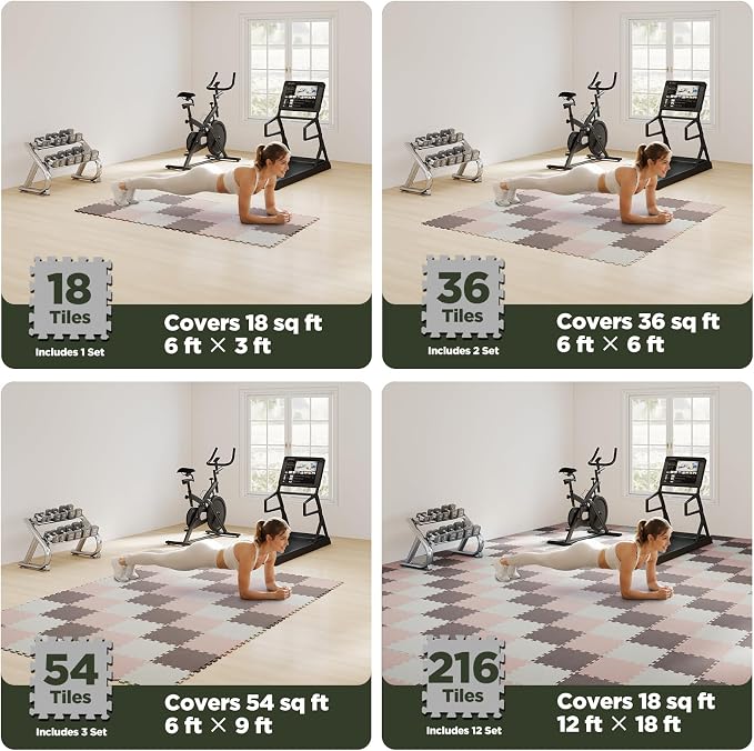 AIRHOP 18 PCS Gym Floor Mat, EVA Foam Puzzle Gym Mat, High-Density Interlocking Foam Floor Tiles for Home Gym, Play Workout Garage Kitchen Flooring 12.6"x12.6"x0.4"
