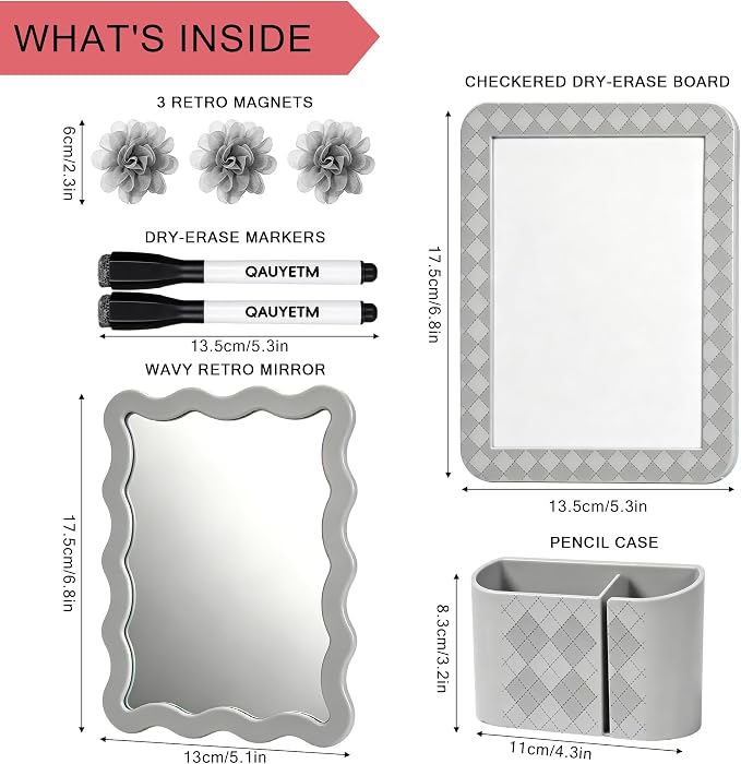 8 PCS Gray Locker Accessories Kit for Girls with Magnetic Mirror Whiteboard Pen Holder Flower Magnets Cute Aesthetic Locker Decoration Set for School Dorm Office Organization