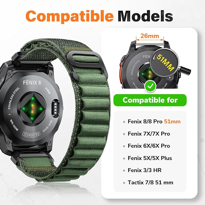 Alpine Loop Nylon Watch Band Compatible with Garmin Fenix 5X / 6X / 7X / 8 51mm, Quickfit 26mm Rugged Watch Bands for Garmin Fenix 8 Pro 51mm / 7X Pro / 6X Pro / 5X Plus, for Fenix 3, Tactix Delta
