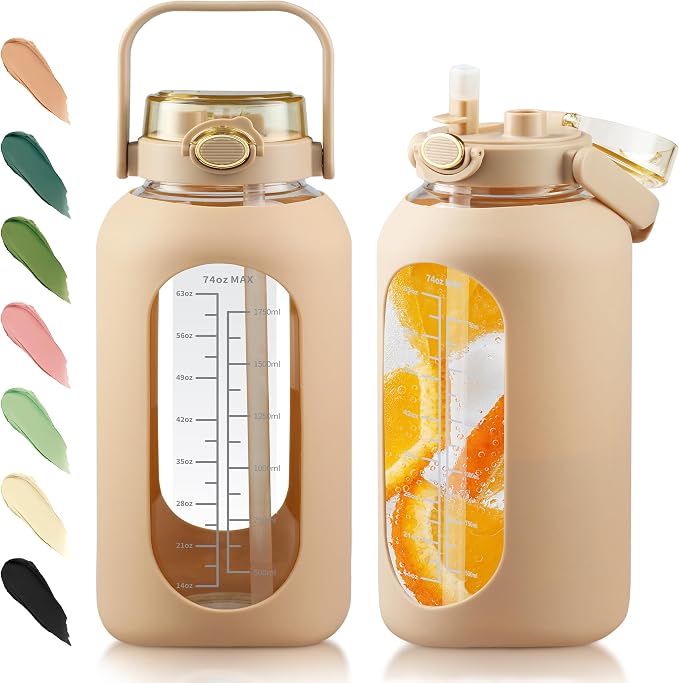 74 oz Glass Water Bottle with 2-in-1 Straw Lid Large Gallon Water Bottle with Time Marker & Removable Silicone Sleeve,Wide Mouth BPA-Free Borosilicate Bottle for Gym, Workout & Daily Use
