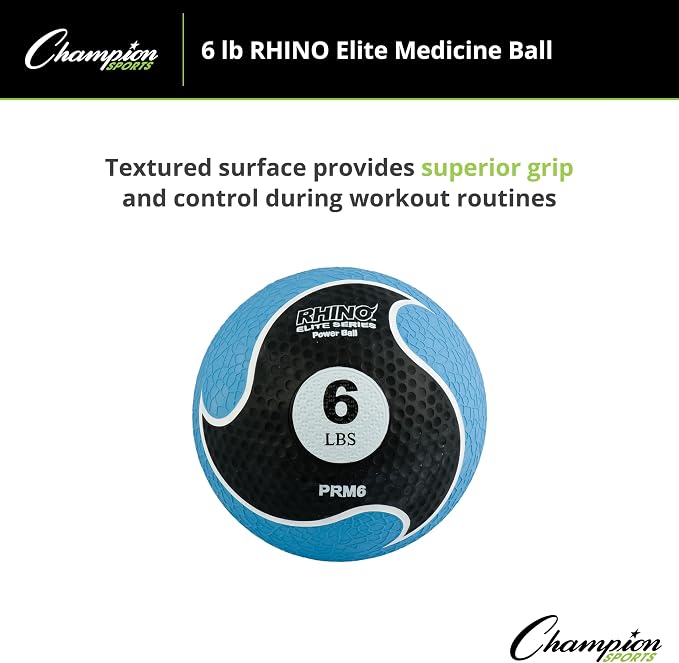 Champion Sports Rhino Elite Medicine Ball – Textured Surface, Superior Grip, Hollow Synthetic Rubber for Consistent Bounce & Durability, Multiple Weights & Colors - Optional Rebounder Sold Separately