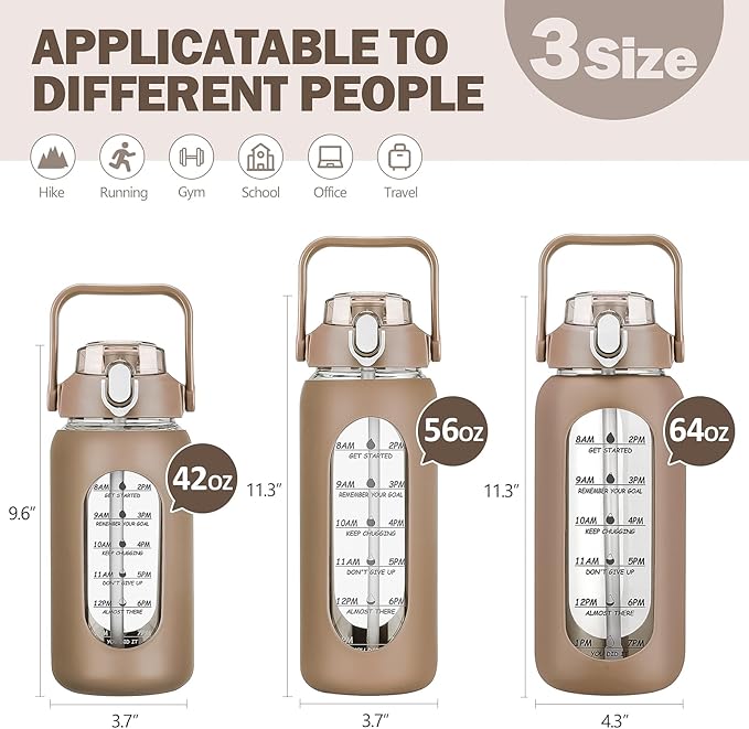 42oz Glass Water Bottles with Straw, Motivational Glass Bottle with Silicone Sleeve and Time Marker, Leakproof Large Glass Water Jug for Gym Home Office,Amber
