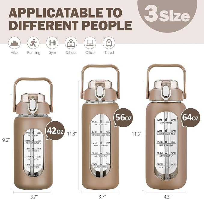 56oz Glass Water Bottles with Straw, Motivational Glass Bottle with Silicone Sleeve and Time Marker, Leakproof Large Glass Water Jug for Gym Home Office,Amber