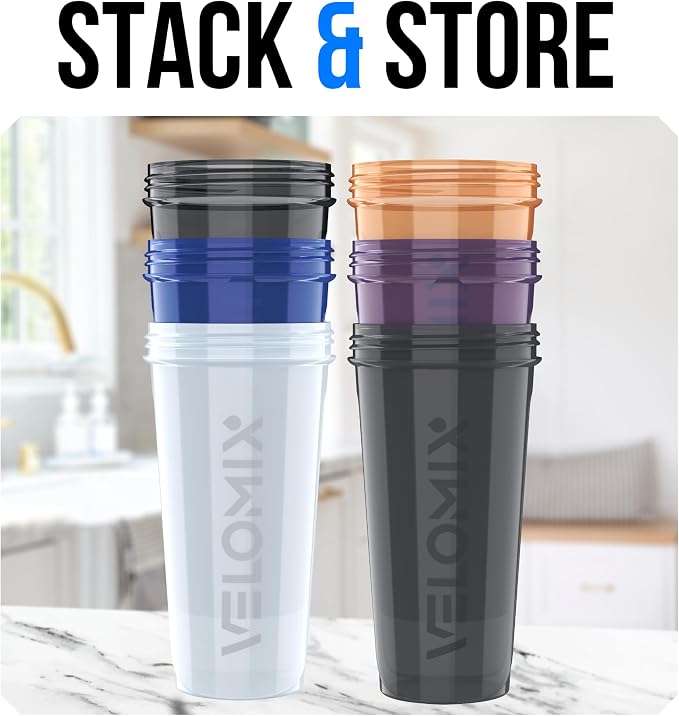 VELOMIX 6 Pack 28oz Protein Shaker Bottle for Protein Mixes, Elemental Mix | 6x Wire Whisk, Leak Proof Shaker Cups for Protein Shakes, Stackable, Dishwasher Safe, BPA Free, Pre Workout and Gym Ready
