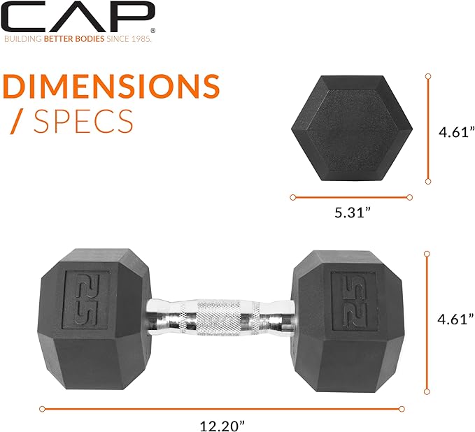 CAP Rubber Coated Dumbbell Weights, Free Weights for Home Gym Strength Training, Anti-Roll Hex Dumbbells with Black, Chrome & Comfort Grip Handles, Singles