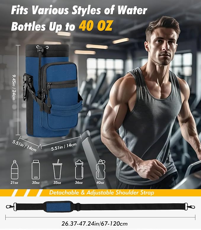 Nuovoware Magnetic Gym Bag, 40oz, Water Bottle Carrier Holder, Indigo | Adjustable Shoulder Strap, Magnets Magnetic Gym Bag, Bottle Pouch Sling, 2 Pocket, Neoprene Organizer Sleeve