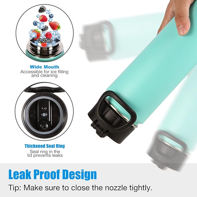 Volhoply 24oz Insulated Water Bottle With Straw Bulk 3 Pack,Metal Wide Mouth Water Bottles With Handle Lid Keep Cold,Reusable Double Wall Cups,Powder Coated Sport Bottle For Holder(Mint,3 Count)