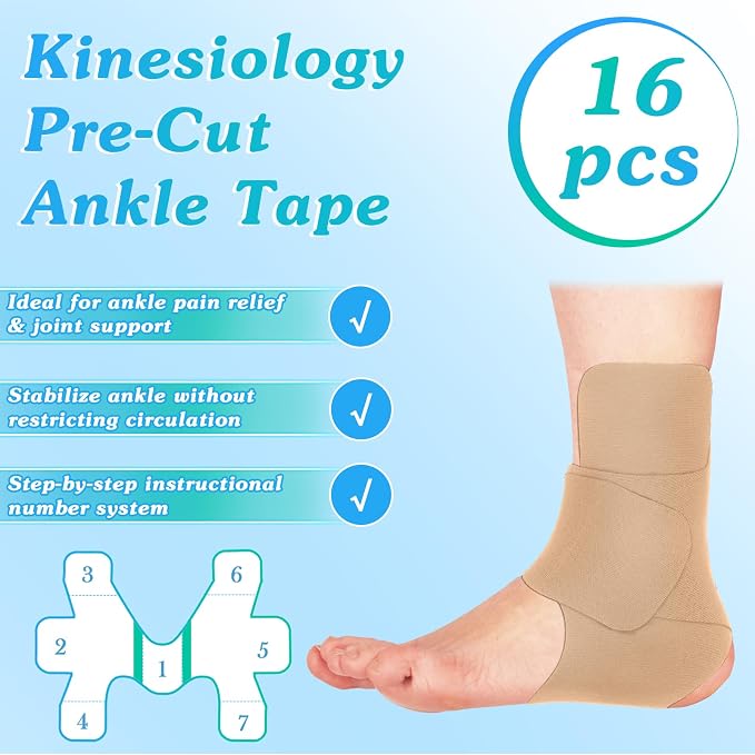 16 Pcs Precut Kinesiology Tape for Ankle Cotton Breathable Elastic Athletic Tape Pain Relief Minimize Ankle Sprain Provides Support and Stability for Ligament and Muscle Marathon Use(Beige)