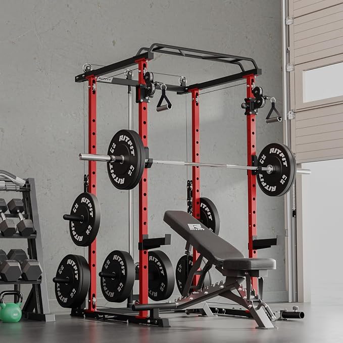 RitFit PPC-P3 Power Cage with Cable Crossover System, 1200LB Capacity | LAT Pulldown & Cable Crossover System with Bumper Plate Set, Olympic Barbell, Bench