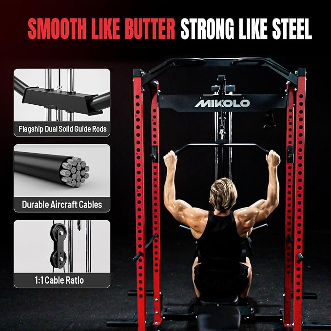 Mikolo F4 2.0 Power Cage with Dual-Track Smooth Pulley System, 1200LBS Power Rack with Leg Hold-Down for Heavy LAT Pulldowns