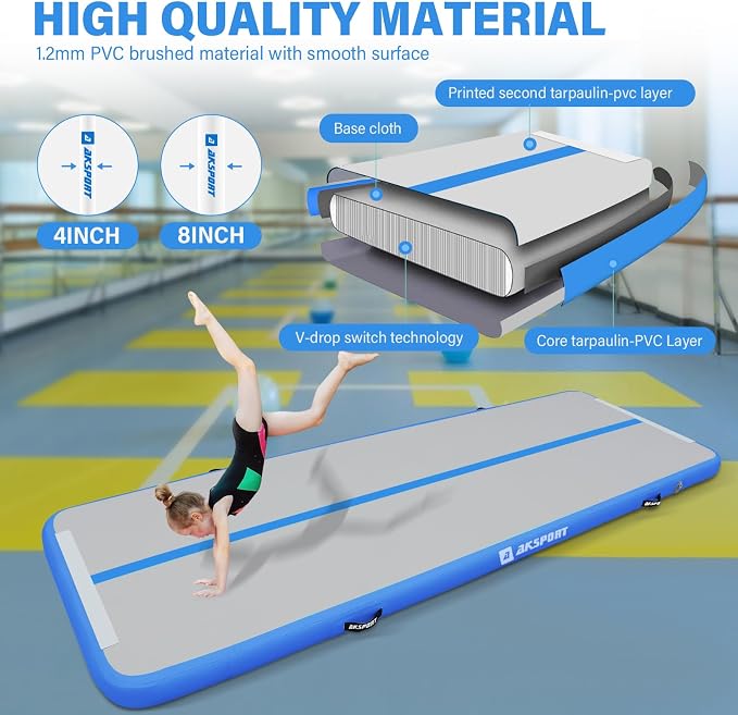 AKSPORT Gymnastics Air Mat Tumble Track Tumbling Mat Inflatable Floor Mats with Air Pump for Home Use/Tumble/Gym/Training/Cheerleading/Parkour/Beach/Park/Water
