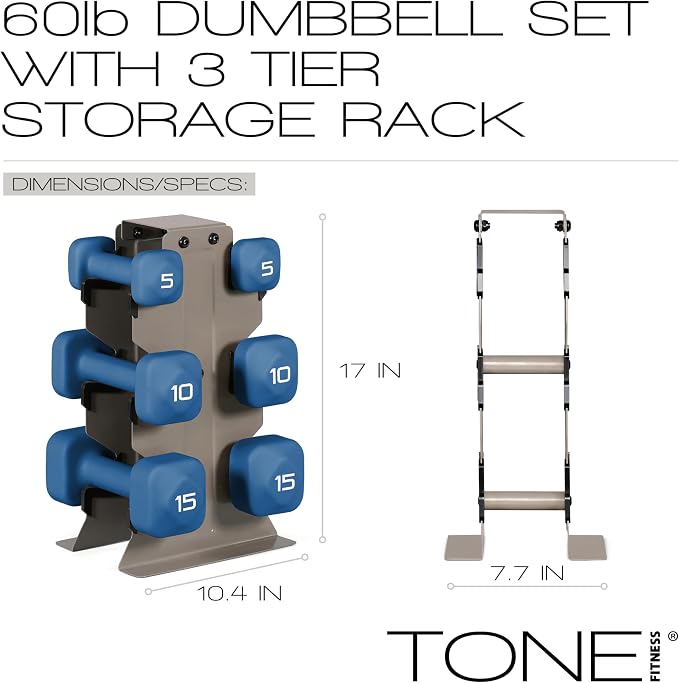 Tone Fitness Neoprene Dumbbell Set with Storage Rack – Non-Slip, Anti-Roll Hand Weights for Home Gym Workouts | 20 lb, 32 lb, 50 lb, 60 lb & 100 lb Options
