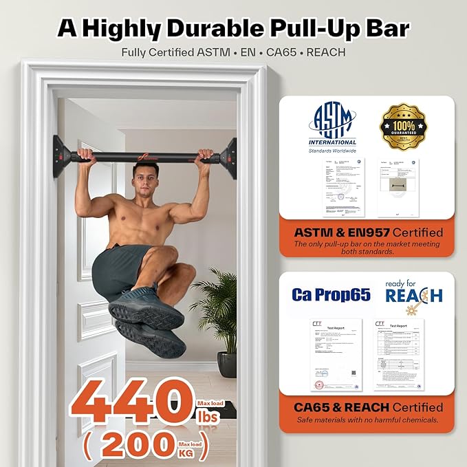 Sportneer Pull Up Bar for Doorway, No-Drill, 29.5-37 in, 440 lb | No-Drill, Adjustable 29.5-37 in, 440 lb, Doorway Fit, Secure Lock, Home Gym, Strength Training