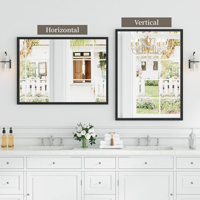 Syndra Black Wood Frame Bathroom Mirror, 30''x40'' Modern Vanity Mirror for Wall, Waterproof Slim Deep Frame, Rectangular HD Tempered Glass Mirror for Living Room, Bedroom, Entryway, Rustic, Farmhouse