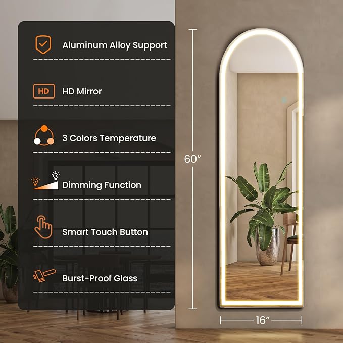 Sweetcrispy Arched LED Full Length Floor Mirror, 60"x16" Full Body Mirror | Standing Mirror with Dimming & 3 Color Lighting, Shatterproof Tempered Glass, Wall Hanging or Leaning for Home Decor, White