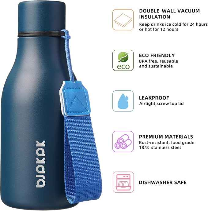 BJPKPK 12oz Insulated Water Bottle, Stainless Steel Bottle with Carry Strap | Keep Cold & Hot Vacuum Insulation, Leak-Proof BPA-Free Design, Slim Bottle Fits Most Cup Holders for Gym, Office & Travel