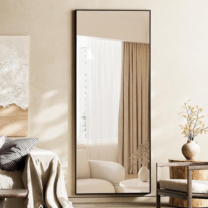 VooBang Mirror Full Length, 24" x 65" Floor Mirror with Stand Black | Aluminum Alloy Frame Full Body Dressing Mirror Standing Hanging or Leaning Against Wall for Bedroom Living Room