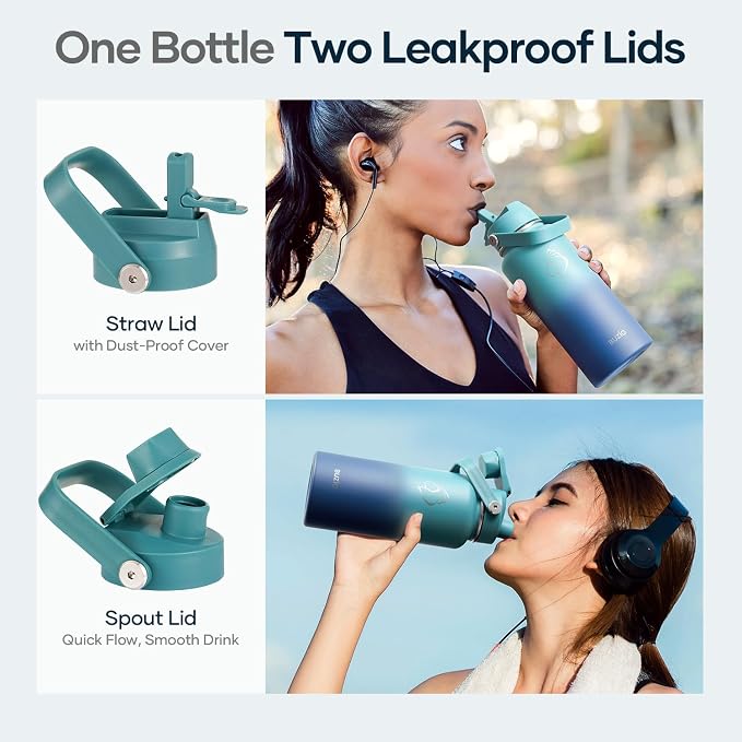 BUZIO 32 oz Water Bottle Insulated, Leakproof Stainless Steel Flask (Cold for 48 Hrs), Wide Mouth BPA-Free Metal Thermo Hydro Canteen with 2 Lids, Gradient Cyan