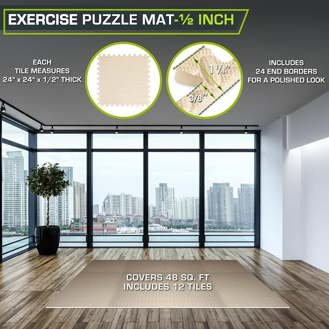 ProsourceFit Exercise Puzzle Mat 1/2-inch, EVA Interlocking Foam Floor Tiles for Home Gym, Workout Equipment, Kids Play Areas, Beige, 48 SQ FT - 12 Tiles