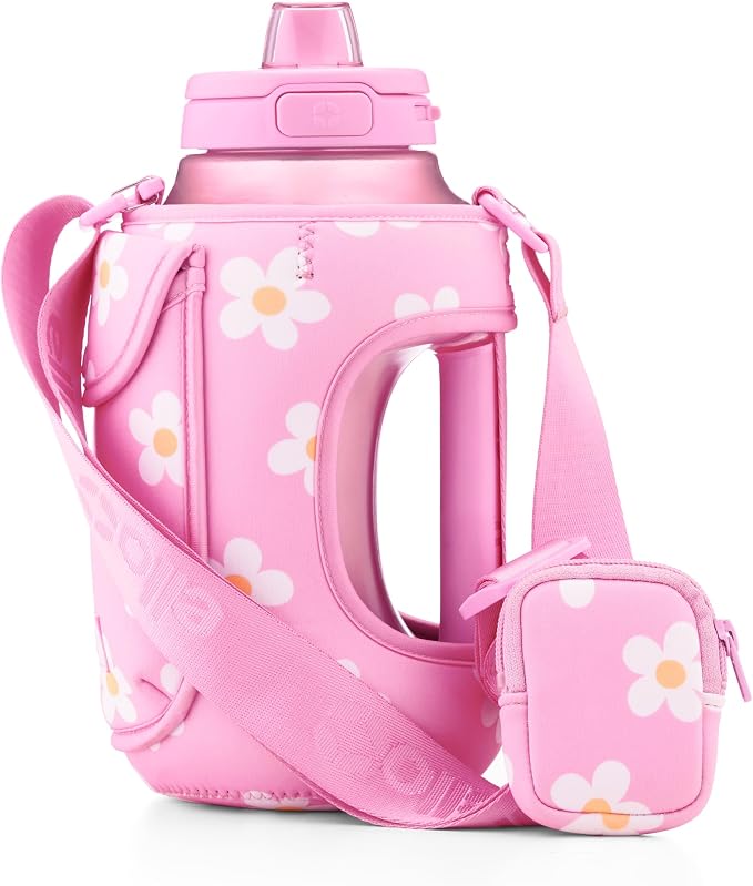 Ello Hydra 64oz Half Gallon Water Jug with Bottle Bag Handle and Motivational Time Markers for All Day Hydration, Plastic Reusable Water Bottle with Straw and Locking, Leak Proof Lid, BPA Free, Daisy