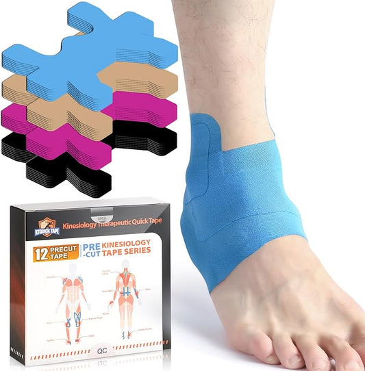 KTQUICK Precut Kinesiology Tape for Ankle,12PCS,20% Stronger Adhesive,Blue | Ankle Support Tape with Premium Cotton, Breathable, Waterproof, Latex-Free Athletic Tape for Running, Training & Hiking