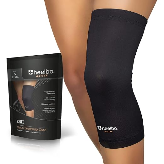Heelbo Knee Compression Sleeve with Copper Infused Fibers and Breathable Fabric for Knee Pain Relief, Knee Support, Sore Muscles and Joints for Running, Jogging, Hiking or Arthritis, Black, Small