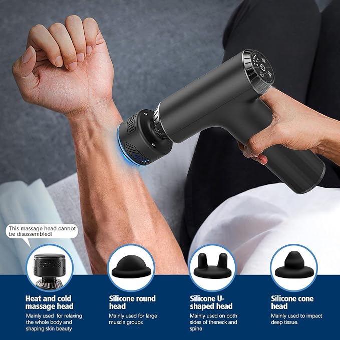 Massage Gun with Heat and Cold, 2 in 1 Portable Mini Muscle Massager with Extended Handle, Handheld Electric Percussion Deep Massager Tissue Massage Gun for for Home Gym