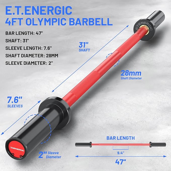 4FT Chrome Steel Olympic Barbell, 500LB | 20LB compact bar with 28mm knurled grip, bearing sleeves, 7.6-inch loadable length, and 2-inch plate fit