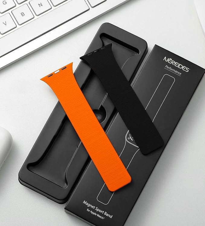 Magnetic Silicone Band Compatible with Apple Watch Band 42mm 41mm 40mm 38mm Series 11 10 9 8 7 6 5 4 3 & SE 3/2/1 Strong Magnetic Clasp, Waterproof & Adjustable (Black + Orange)