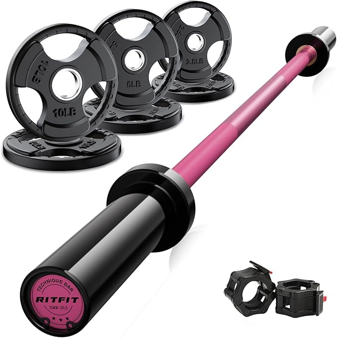 RitFit Barbell Weight Set - 4/6FT Olympic Barbell with Weight Plates (55-115LB Total) - Weightlifting Equipment for Squats, Curls, Deadlifts, Presses, Hip Thrusts