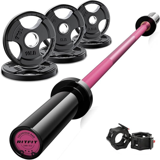 RitFit Barbell Weight Set - 4/6FT Olympic Barbell with Weight Plates (55-115LB Total) - Weightlifting Equipment for Squats, Curls, Deadlifts, Presses, Hip Thrusts