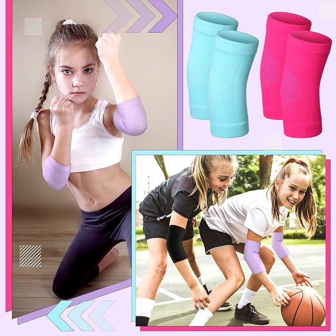 Lenwen 4 Pairs Kids Elbow Brace Compression Arm Elbow Sleeve Knit Guard Gym Protectors for Boys Teen Children Girls Basketball Volleyball Tennis Cycling(5-10 Years,Black, Purple, Rose Pink, Sky Blue)