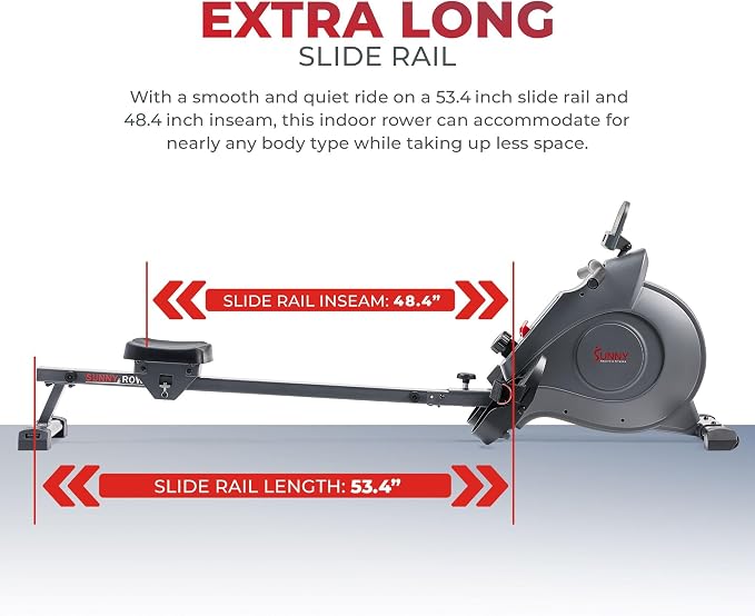 Sunny Health & Fitness Smart Magnetic Rowing Machine with Extra Long Rail