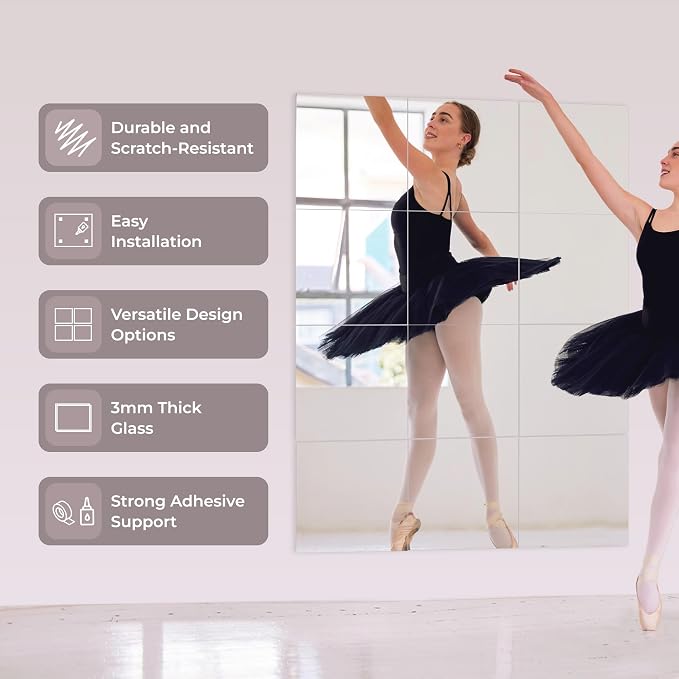 Full-Length Exercise Mirror Tiles -12x12 Pack of 12, Self-Adhesive Frameless Workout & Fitness Mirror for Home Gym & Wall – Fab Glass and Mirror