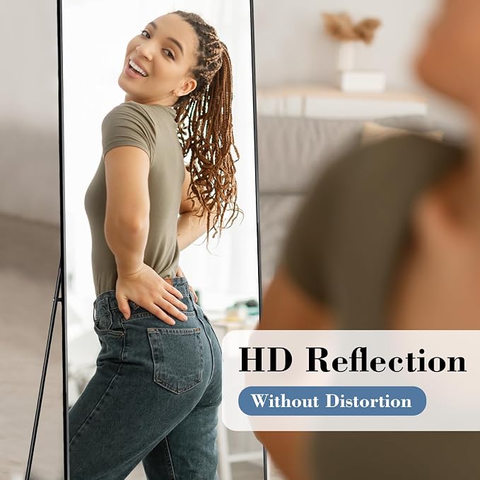 NEWBULIG 58"x19" Full Length Mirror, Full Body Standing Mirror, Black | Leaning or Standing, Tempered Glass, Aluminum Alloy Thin Frame Floor Stand for Bedroom, Cloakroom