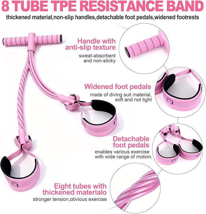 Pedal Resistance Bands with Handles, Separated 8-Tube Multifunction Exercise Bands, Yoga Tension Rope, Natural Rubber Elastic Equipment for Abdomen, Waist, Arm, Leg Stretching