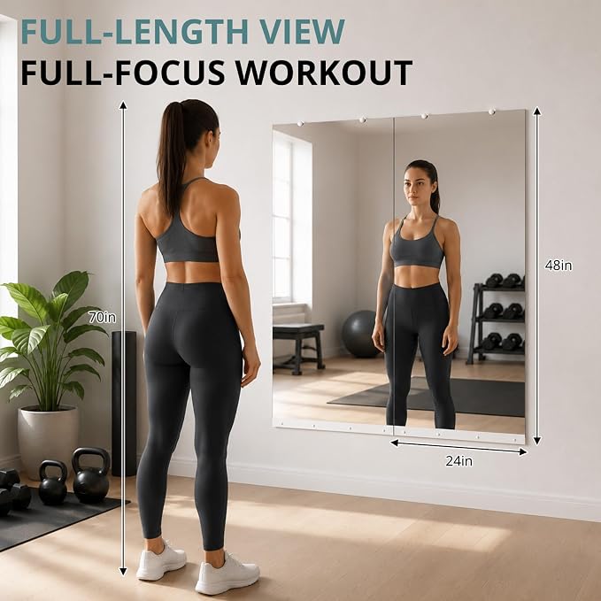 Rovibek 2 Pack Home Gym Mirror, 24x48In Large Workout Mirror for Exercise | Frameless Tempered Glass, Wall-Mounted Gym Mirrors for Home Gym, Garage Gyms, Yoga Rooms and Dance Studios