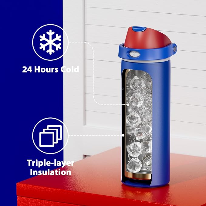 24 oz Insulated Water Bottle for Men: Meoky Stainless Steel Water Bottle with 2-in-1 Straw and Spout Lid - Leak Proof, Cold for 24 Hours, Fits in Car Cup Holder, BPA-Free for Sports Travel, Navy Blue