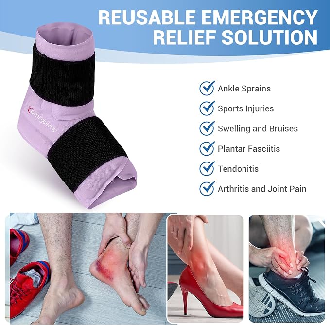 Comfytemp Ankle Foot Ice Pack Wrap, Ice Boot Gout Heel Ice Pack, Reusable | FSA Eligible HSA, Pain Relief Gift for Plantar Fasciitis, Sprain, Heel Spur, Swelling, Heat Ice Bag for Injuries, 1pc, Purple
